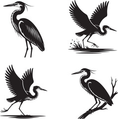 Fototapeta premium Heron Birds silhouette set vector illustration isolated On Transparent Background