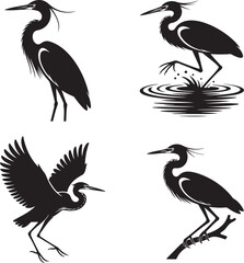 Fototapeta premium Heron Birds silhouette set vector illustration isolated On Transparent Background
