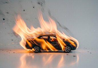 Burning Toy Car – Vehicle Insurance and Accident Awareness Concept plain background