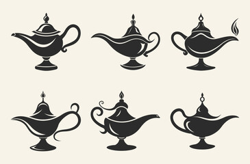 Magic lamp silhouette, genie lamp icon, Arabic dream vector, Magic lamp set