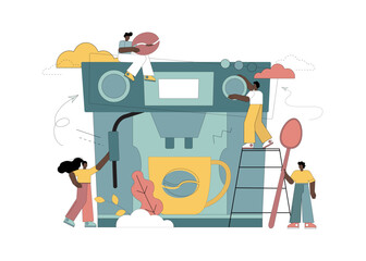 Coffee concept. Coffee lovers. Baristas prepare coffee using a coffee machine.eps