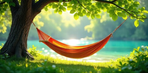 A hammock sways gently in the warm summer breeze, under the shade of a lush green tree, promising a day of blissful relaxation , rest, clouds, breeze