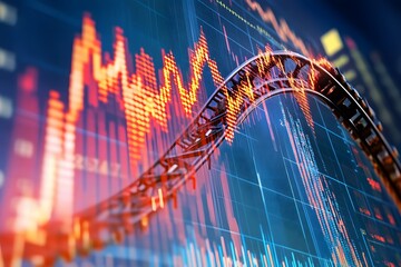 Surreal image of rollercoaster overlaid with stock prices