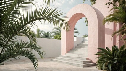 Tropical palm trees line a sunny park path, inviting a relaxing summer vacation