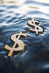 Dollar and Euro symbols sinking into water, market instability metaphor