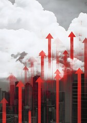 Cloudy skyline overlaid with red downward stock arrows