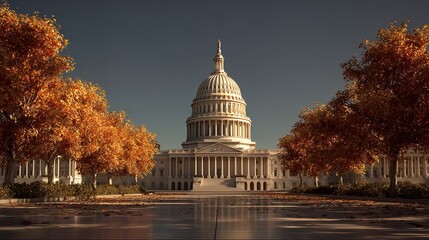 White Capitol Building Low Poly 3D Model with Autumn Trees.

