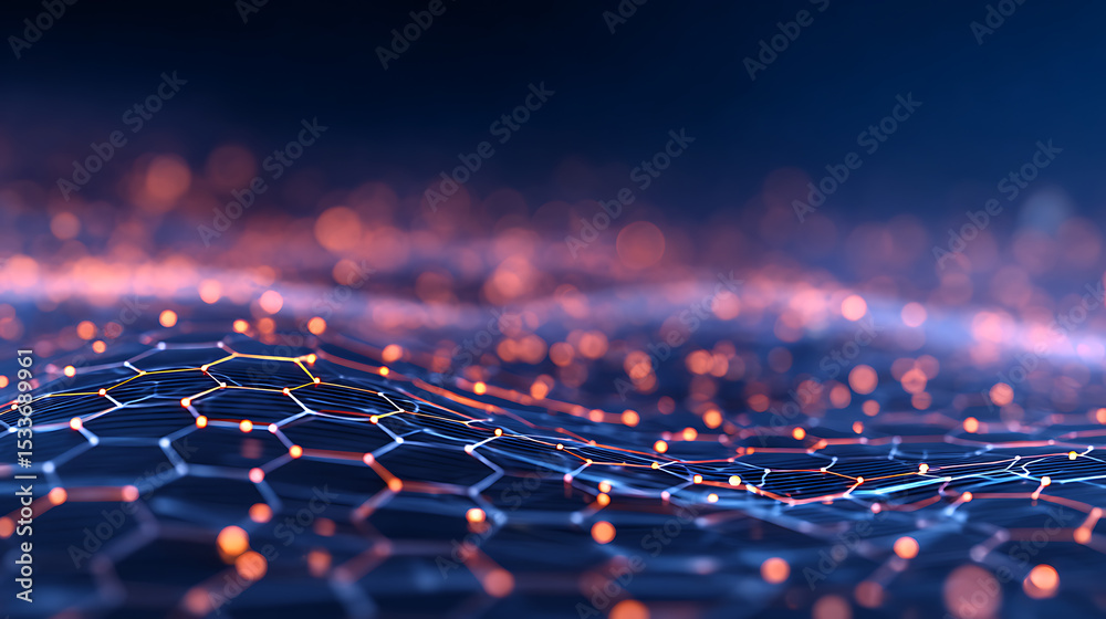 Fototapete 3d rendering of wavy hexagon shape geometry. glowing lines with dof blur effect. for technology big 