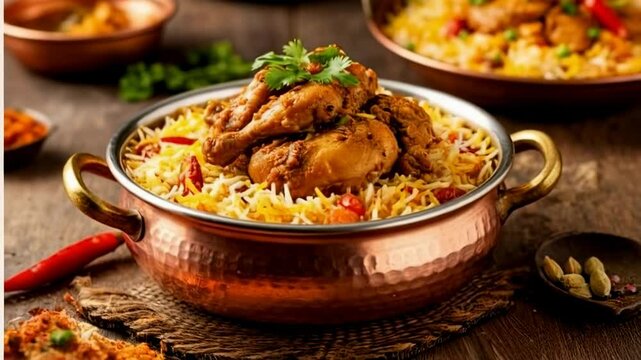 Close up Spicy dum chicken biryani in copper pot. Traditional Indian meal with basmati rice, delicious meat, and fresh cilantro. 