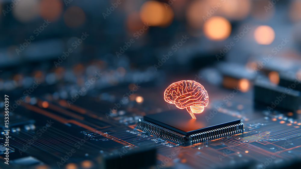 Poster 3d rendering of glowing human brain on microchip circuit computer motherboard. for big data artifici