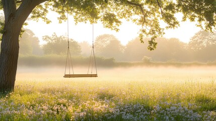 Serene sunrise illuminates a wooden swing hanging from an oak tree in a misty, flower-filled field