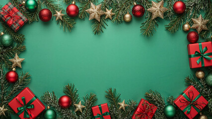 Christmas decoration border frame made of fir branches, gift boxes and ornaments on green background