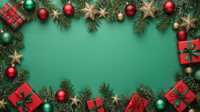 Christmas decoration border frame made of fir branches, gift boxes and ornaments on green background