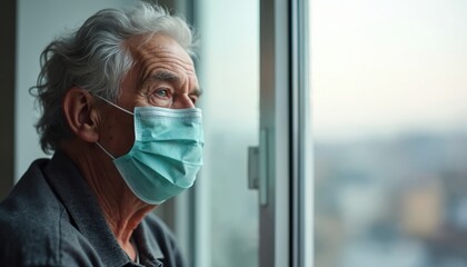Elderly man gray hair wears medical mask at window. Senior citizen looks outside. Pandemic outbreak, virus, healthcare, protective measures, sadness, quarantine. Isolation, loneliness.