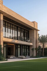 Obraz premium Modern, beige stone villa with expansive glass windows, a balcony, and outdoor seating overlooking a manicured lawn under a clear sky