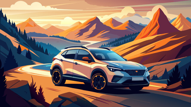 Aachen, Germany - August 26, 2019: Seat Arona small SUV car in european mountain landscape road at sunset