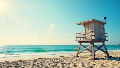 A tall lifeguard tower stands overlooking a calm ocean, providing a panoramic view of the beach and water Perfect for summer, safety, and coastal imagery , observation, seaside, metal