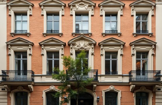 Classic building facade in Berlin Steglitz with architectural details. Ornate facade of residential dwelling with windows. Building exterior with balconies. Urban landscape. Architectural design.