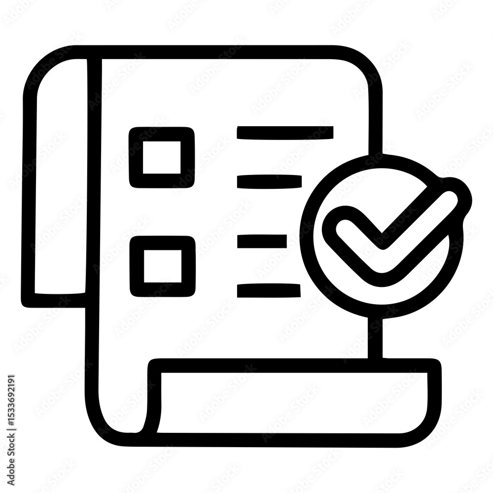 Aufkleber outline style image depicts a checklist document with several lines and empty boxes, accompanied by 