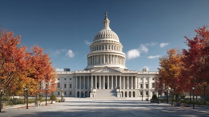 White Capitol Building Low Poly 3D Model with Autumn Trees.

