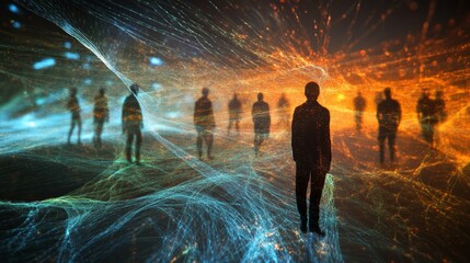 Fototapeta premium point cloud visualisation of a group of people with lines of light visualising the magnetic force around them, 
