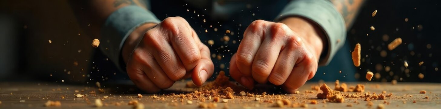 Close-up of a clenched fist smashing a wooden object, splinters flying, conveying intense rage and frustration , damaged, animosity