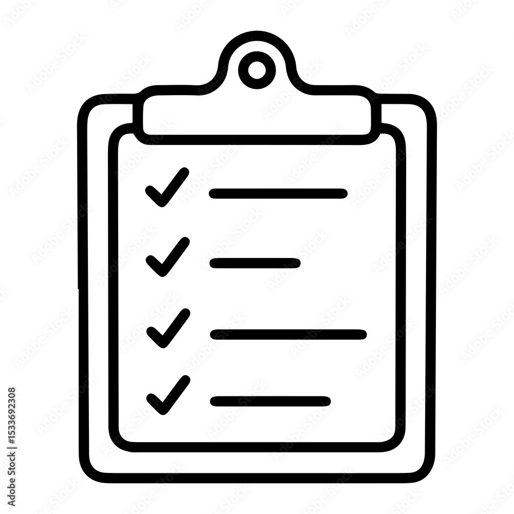 Aufkleber outline style image depicts a clipboard with a paper attached, features multiple lines, each with a 