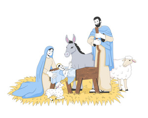 Nativity with baby Jesus and family 2D cartoon bible characters. Divine newborn in manger, surrounded by Mary, Joseph, donkey, lambs flat vector people isolated on white. Spot illustration colorful