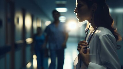 Dedication in Healthcare: A dedicated healthcare professional stands resolute in a modern hospital corridor, showcasing commitment and the high-pressure environment of their work.