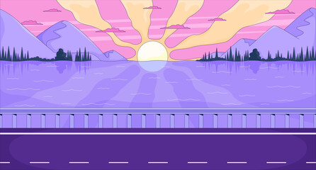 Sunset over mountain lake with roadside flat illustration background. Twilight summer road. Sun rays across water, lakeside highway dusk sky 2D cartoon lofi backdrop. Colorful scene vector art image