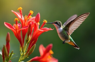 Naklejka premium Hummingbird feeds on red Crocosmia flower nectar. Bird in flight. Nature scene with wildlife animal. Bright vibrant colours. Natural light background.