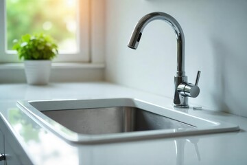 Close-up shot of a sparkling clean kitchen sink, gleaming faucets, and pristine countertops after thorough cleaning maintenance The image evokes feelings of freshness and hygiene , texture, tile