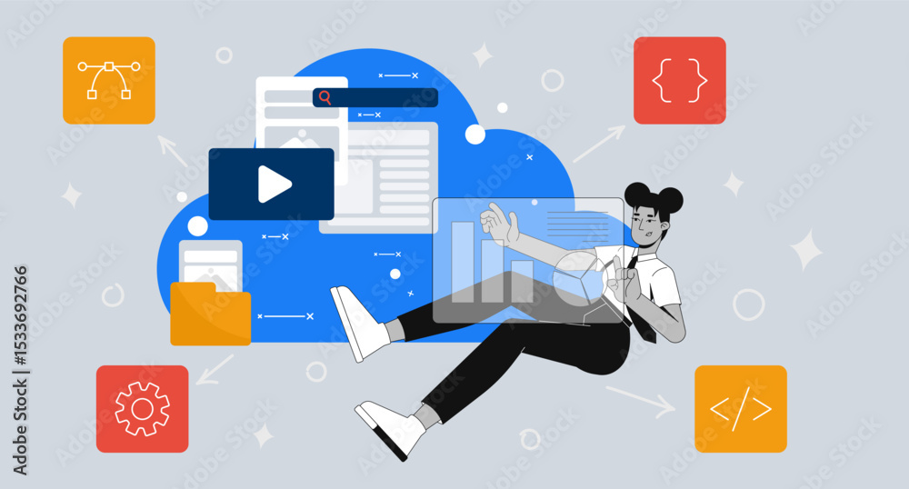 Poster cloud-based web development 2d illustration concept. black woman developer floating amidst programmi