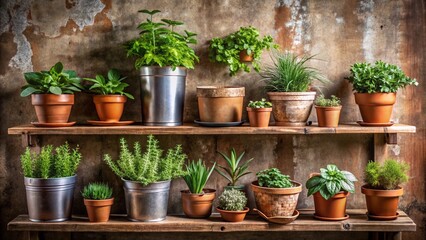 Fototapeta premium Terracotta pots bursting with a vibrant collage of garden herbs, basil, and spring flowers create a natural, leafy growth on a summer patio