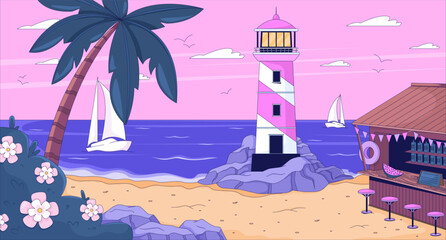 Sunset ocean bay lighthouse with beach bar lofi wallpaper. Sailing boats, palm tree. Coastal beacon tropical shore 2D cartoon flat illustration. Vector art image lo fi aesthetic color background