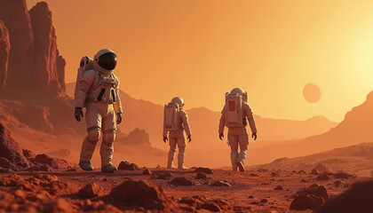 Obraz premium Astronauts explore Mars. Team walks on red planet surface. Sci-fi illustration, space mission concept. Digital art, journey into future, cosmos adventure. Exploration, technology, fantasy scene.