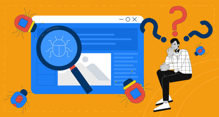 Bugs detection and debugging in web development 2D illustration concept. Cybersecurity. Software testing. Confused developer cartoon conceptual abstract vector art. Flat metaphor on orange background