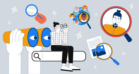 Talent search and online recruitment 2D illustration concept. HR manager using binoculars for top candidates, headhunting cartoon conceptual abstract vector art. Flat metaphor on grey background