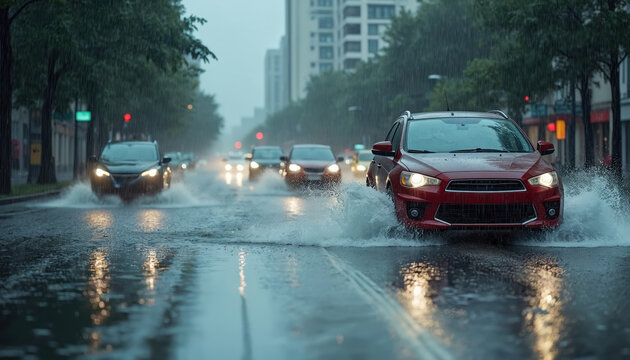 Fototapeta Cars drive through flooded street urban area during heavy rainstorm. Water splashes from vehicles. Climate change impacts, extreme weather, flooding concept, disaster.