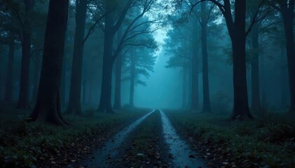 Eerie, misty path disappearing into a dark forest, suggesting a ghostly presence Perfect for Halloween, mystery, fantasy, or supernatural themes , eerie, supernatural, magical