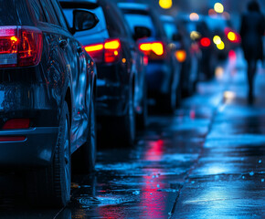 Evening street scene with parked cars and glowing taillights reflecting on a wet road, capturing an atmospheric urban moment with moody lighting and soft focus.