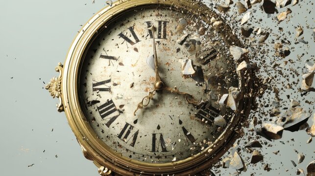 Exploding Vintage Clock Time Flies, a Dramatic Image