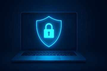 Symbol kłódki na tarczy wyświetlany na ekranie laptopa – koncepcja cyberbezpieczeństwa i ochrony danych