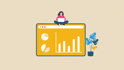 Woman sitting on a browser window with charts and graphs and a plant in a pot next to the browser window