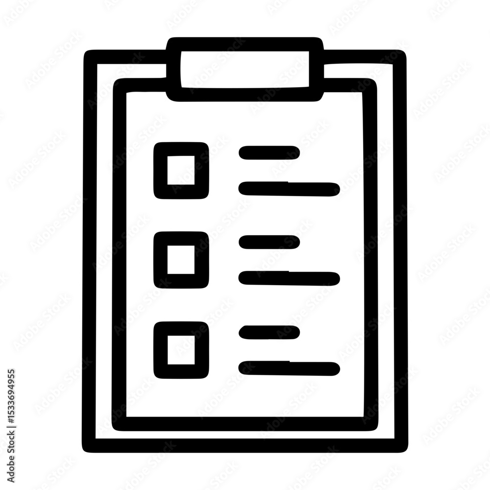 Poster the outline style image depicts a clipboard with a document attached, featuring three lines and empt