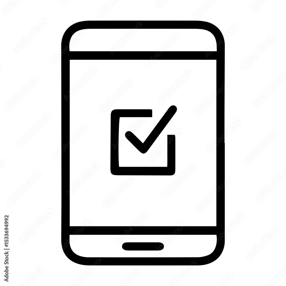 Aufkleber outline style image depicts a smartphone with a checkmark symbol displayed on its screen, indicating