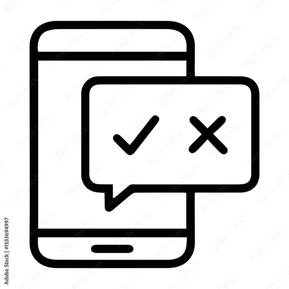 Aufkleber outline style image depicts a smartphone with a speech bubble displaying both a checkmark and an 'x'