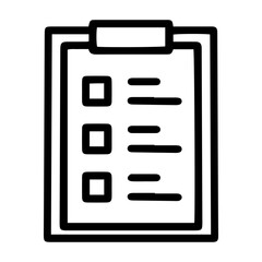The outline style image depicts a clipboard with a document attached, featuring three lines and empty square checkboxes, denoting a to-do list, general checklist. Related to organization, productivity