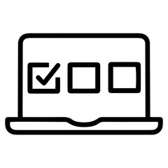 Outline style image depicts a laptop screen with a series of three square boxes, the first having a checkmark, pointing an online quiz, survey, or multiple-choice selection. Related to e-learning