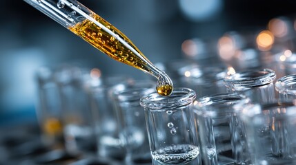 Pipette adding fluid to one of several test tubes in a laboratory setting. Scientific experimentation scene with precise measurement and chemical analysis. 